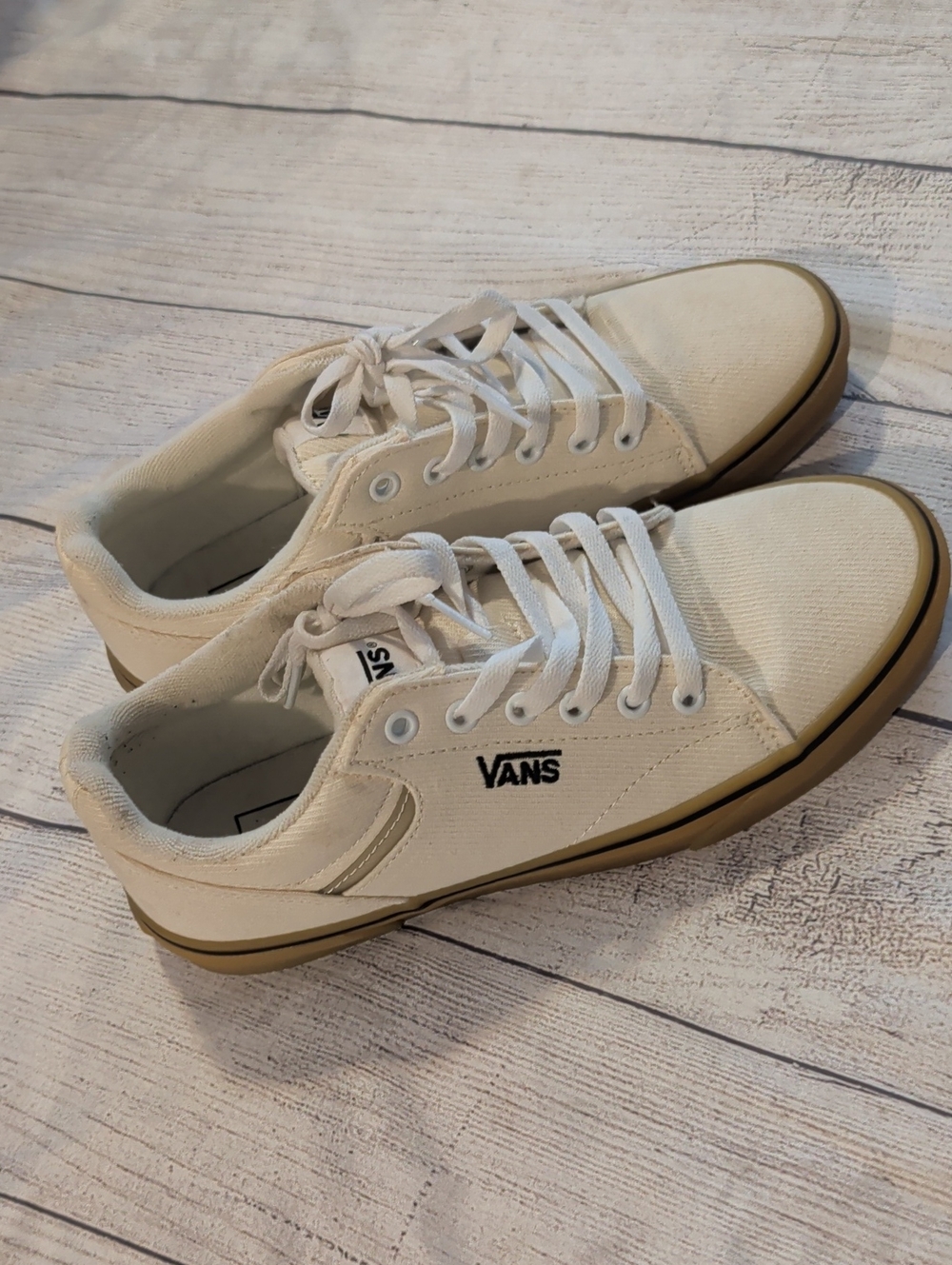 Vans Men’s Low-Top Canvas Sneakers in Off-White with Tan Sole
